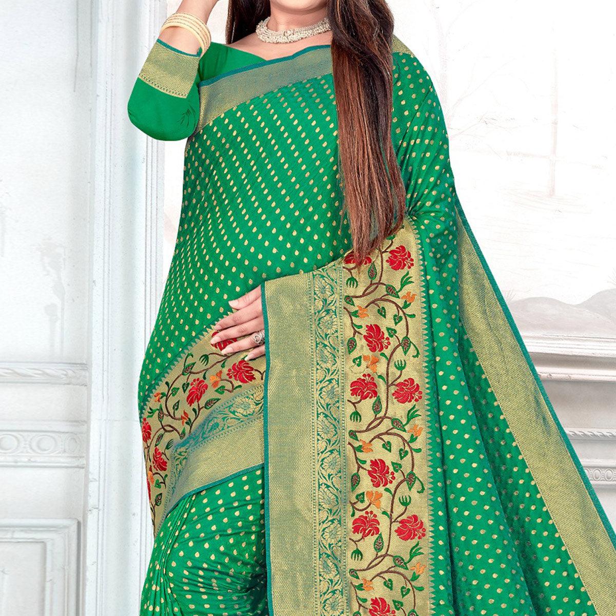 Green Woven Cotton Silk Saree - Peachmode