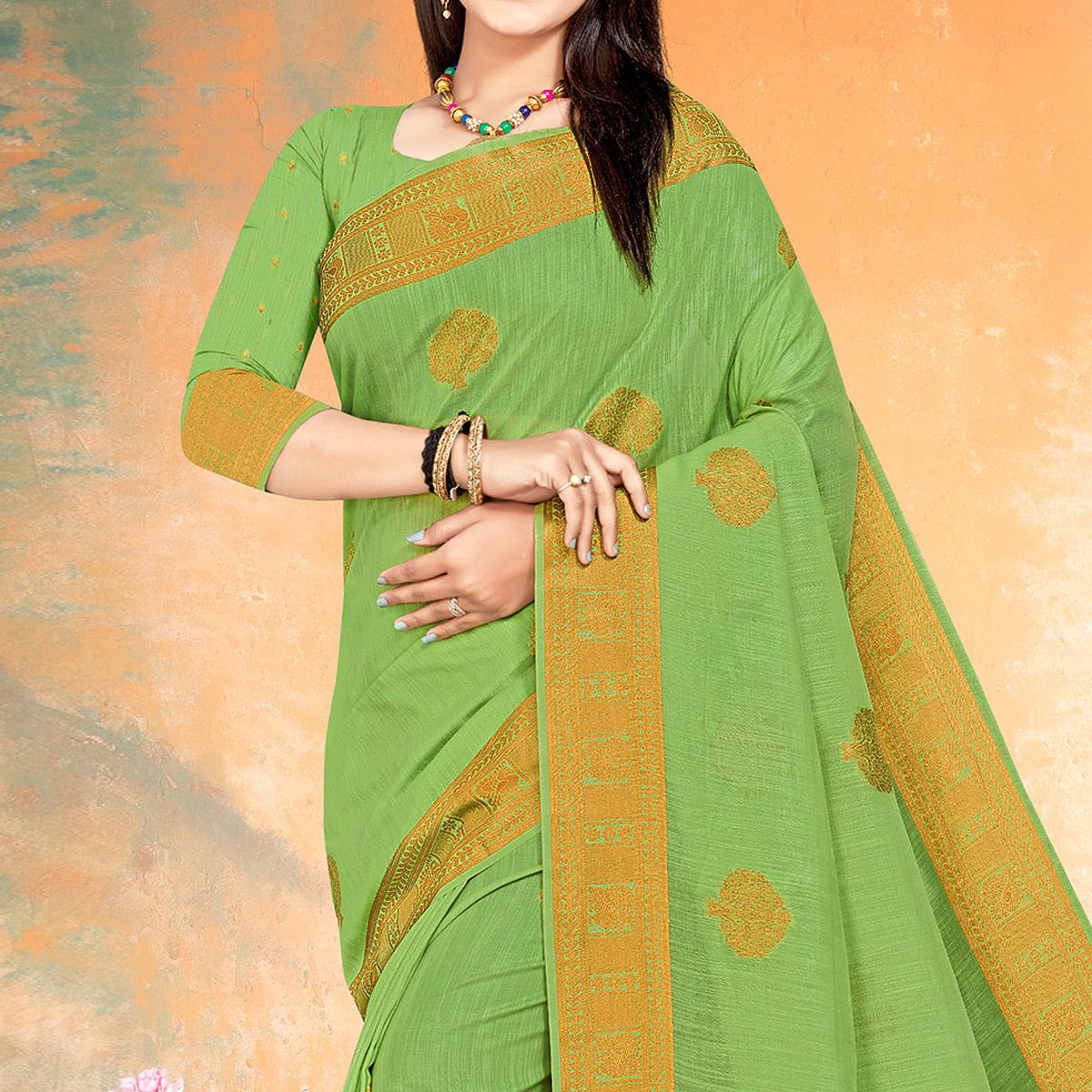 Green Woven Cotton Silk Saree - Peachmode