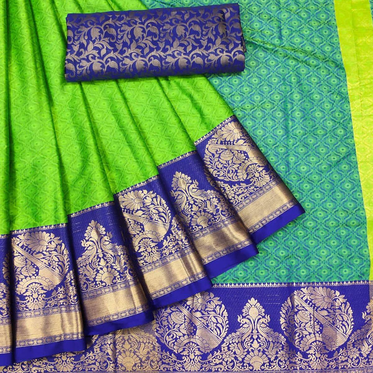 Green Woven Cotton Silk Saree - Peachmode