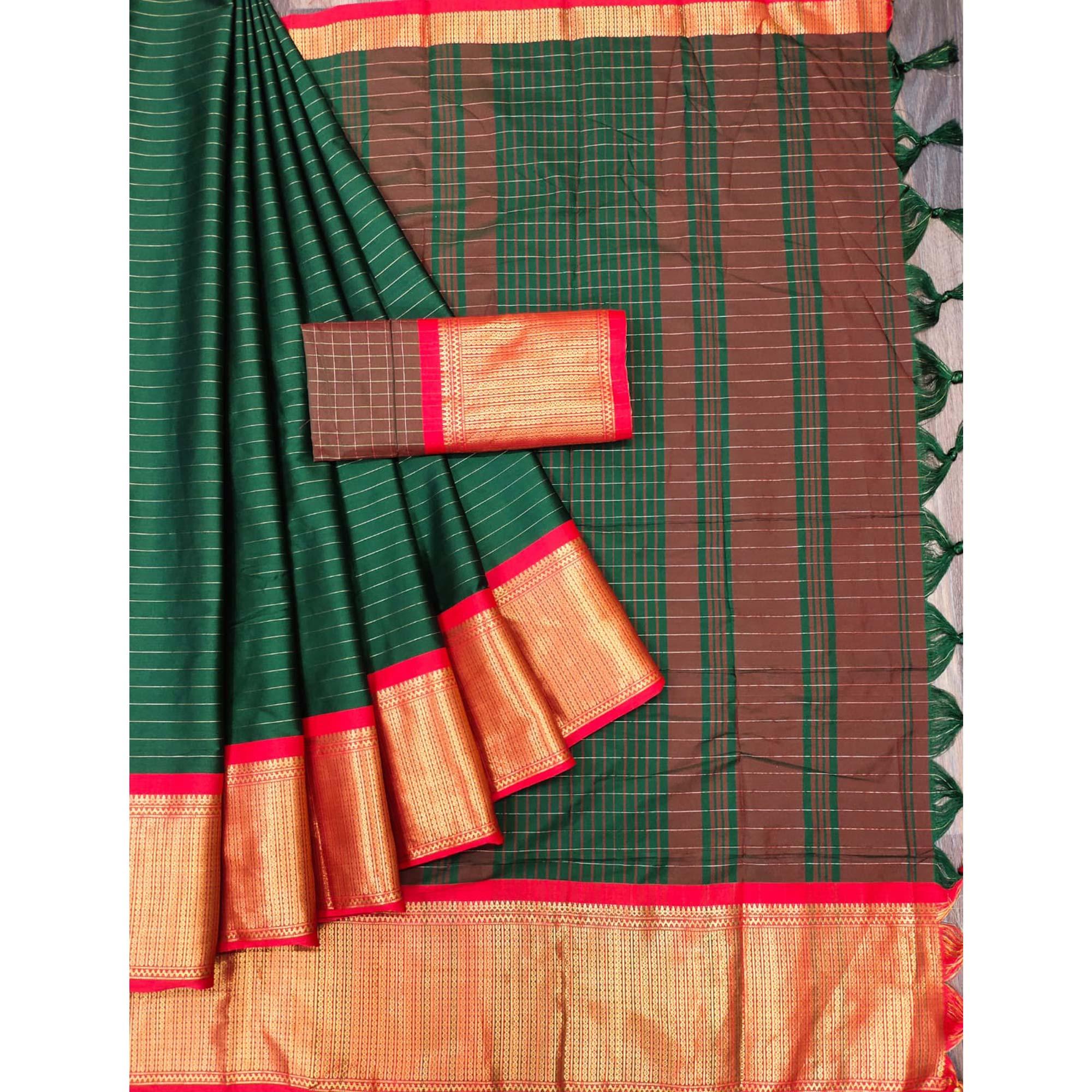 Green Woven Cotton Silk Saree - Peachmode