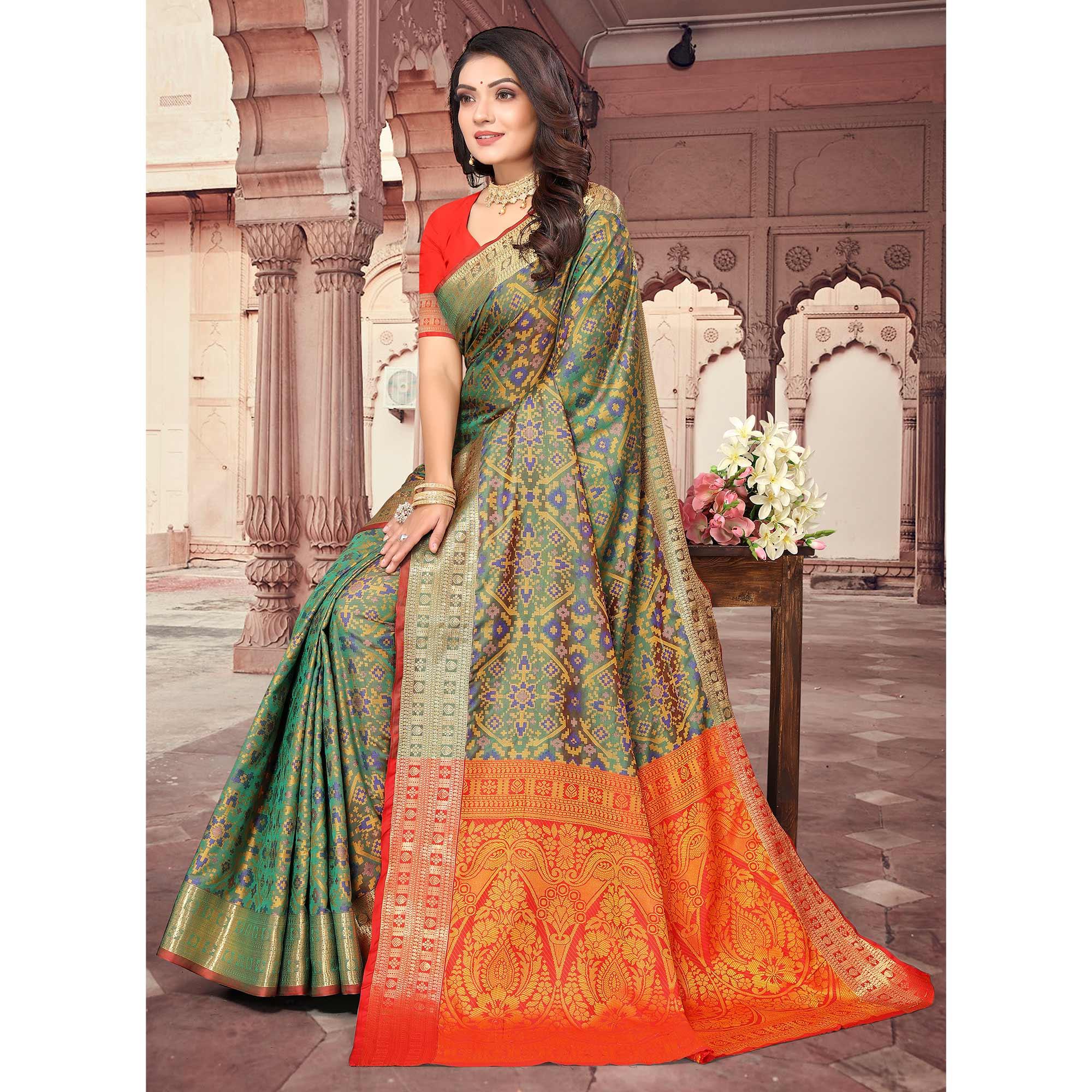 Green Woven Cotton Silk Saree - Peachmode
