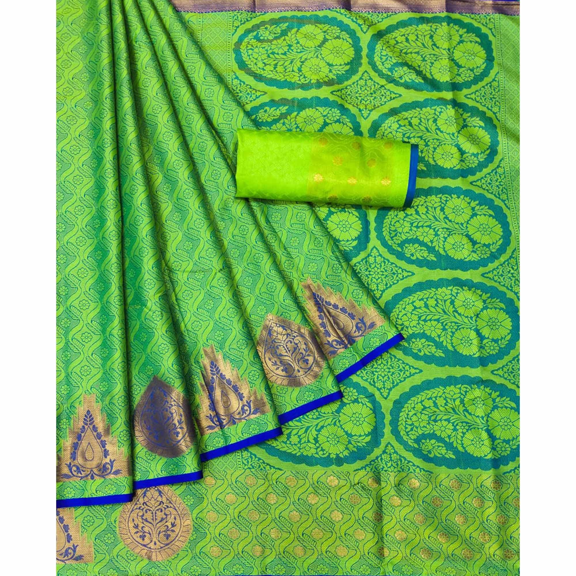 Green Woven Cotton Silk Saree - Peachmode
