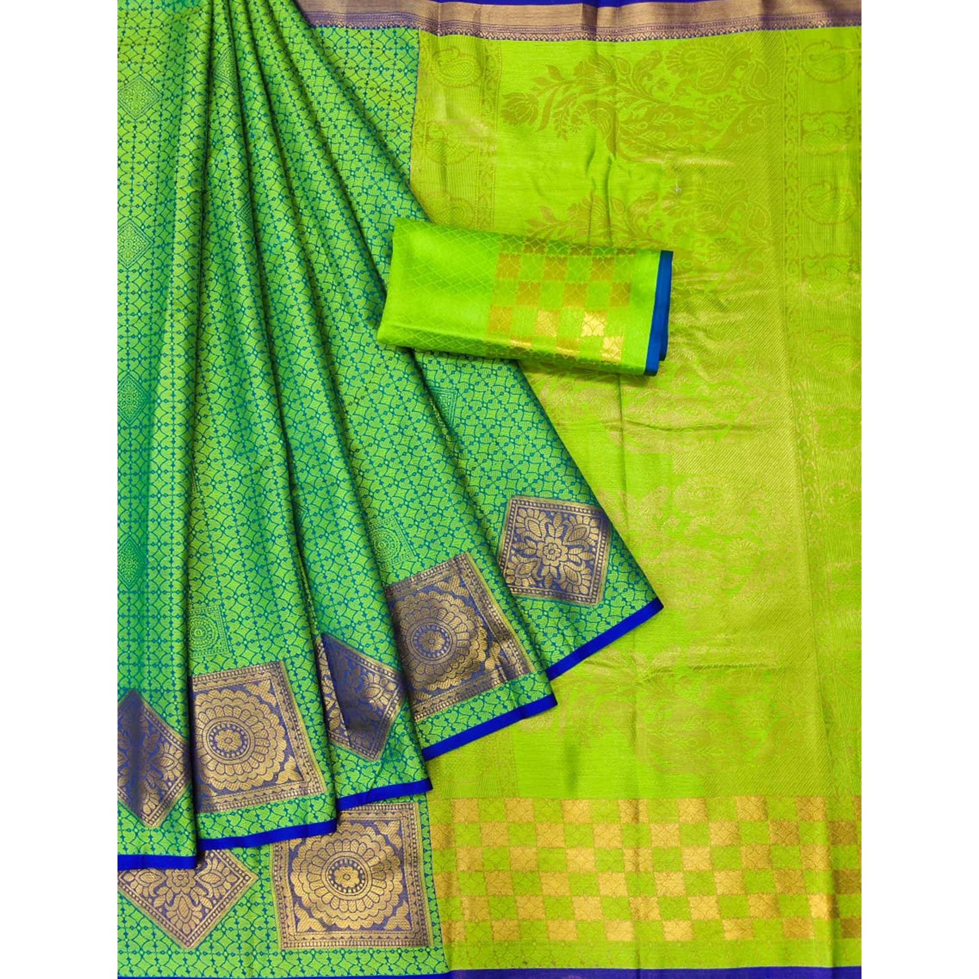 Green Woven Cotton Silk Saree - Peachmode