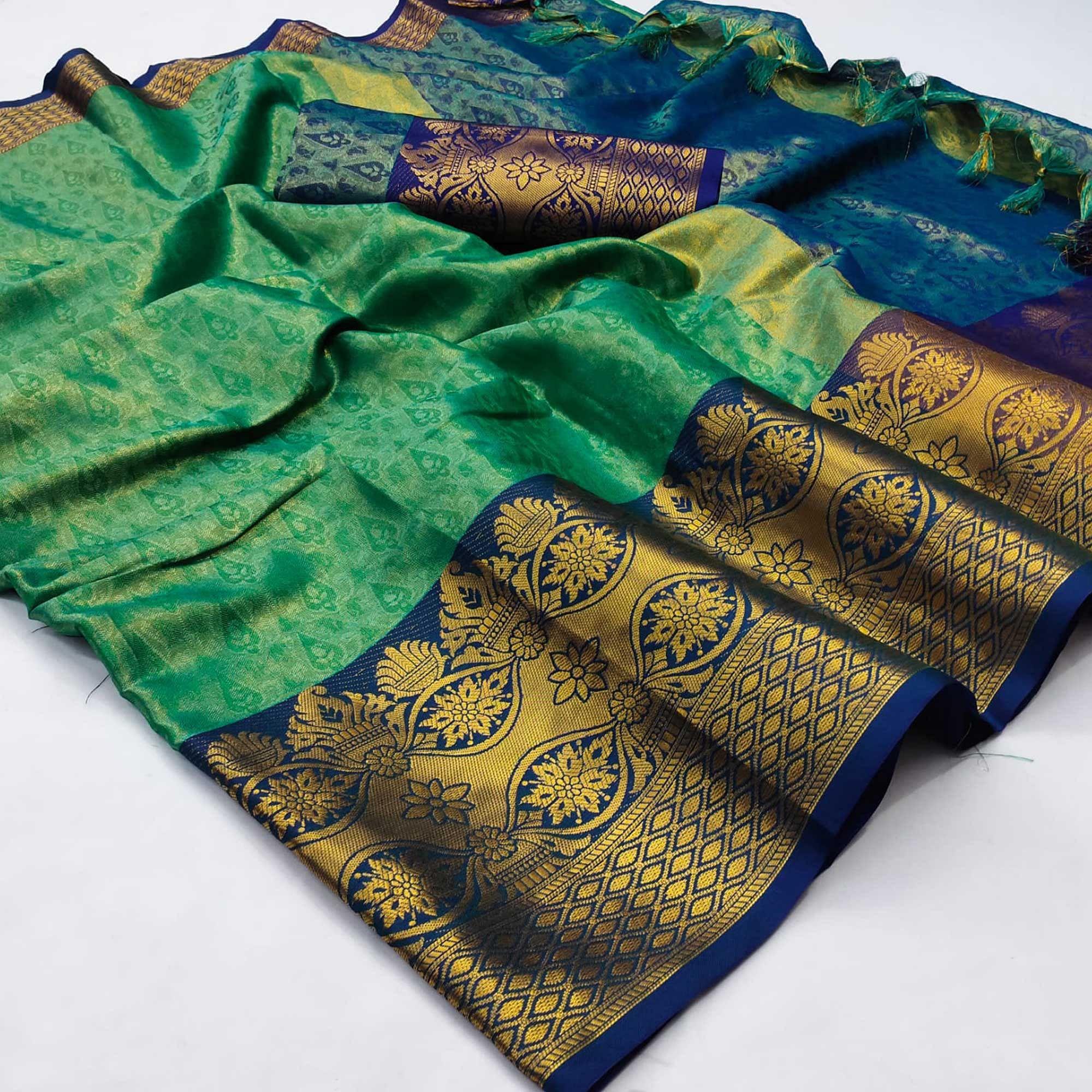 Green Woven Cotton Silk Saree - Peachmode