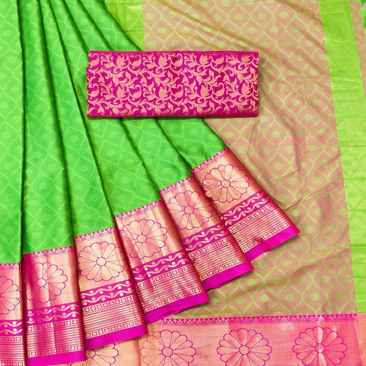 Green Woven Cotton Silk Saree - Peachmode