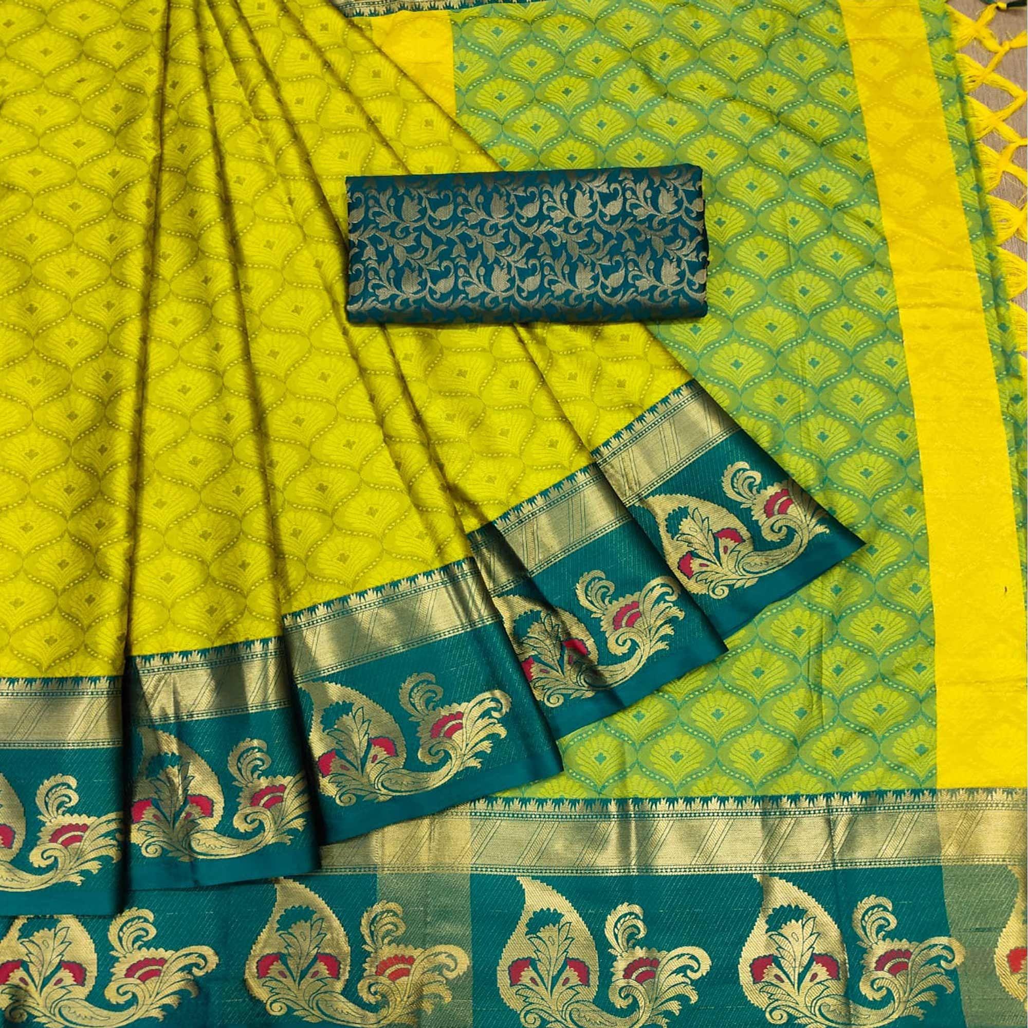 Green Woven Cotton Silk Saree With Tassels - Peachmode