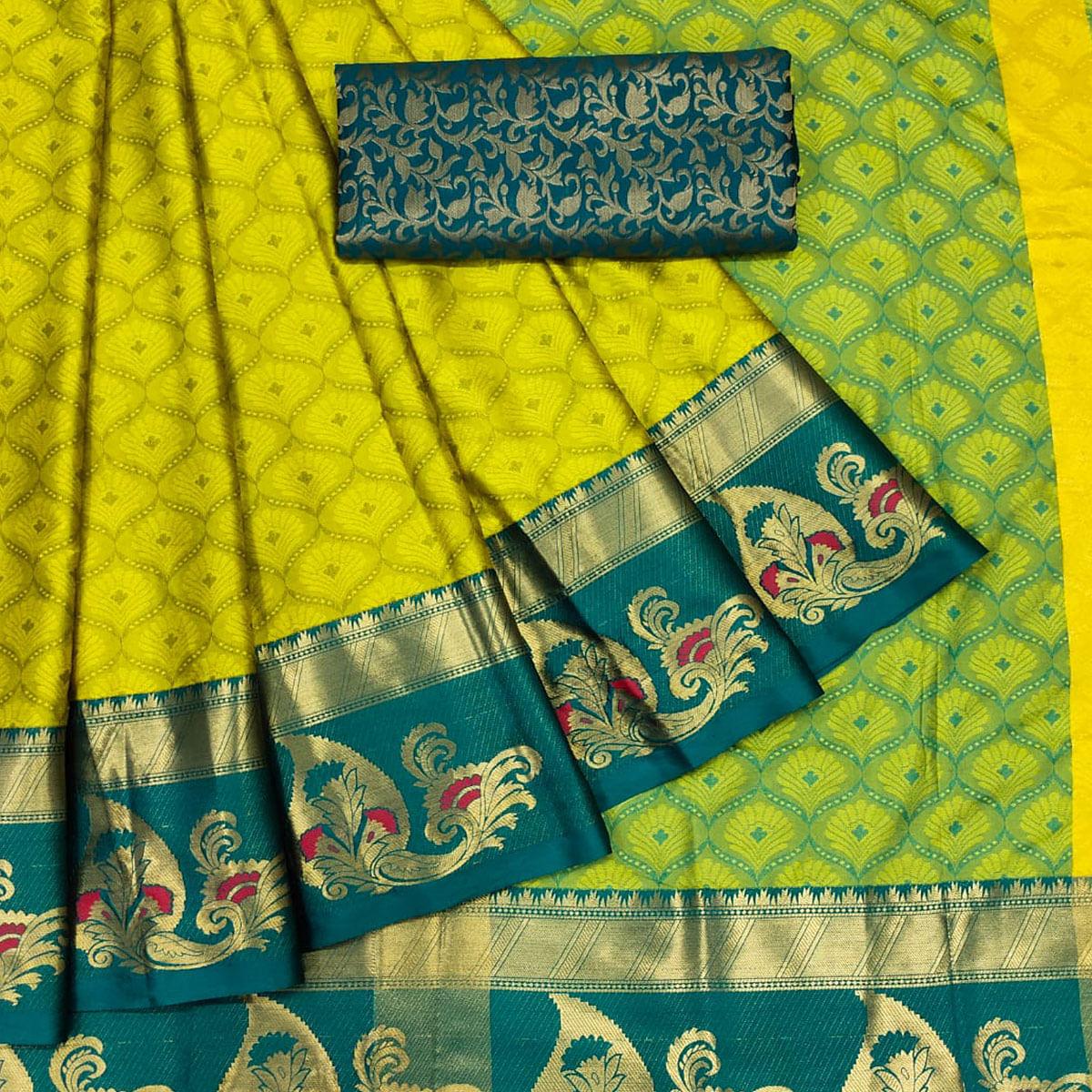 Green Woven Cotton Silk Saree With Tassels - Peachmode