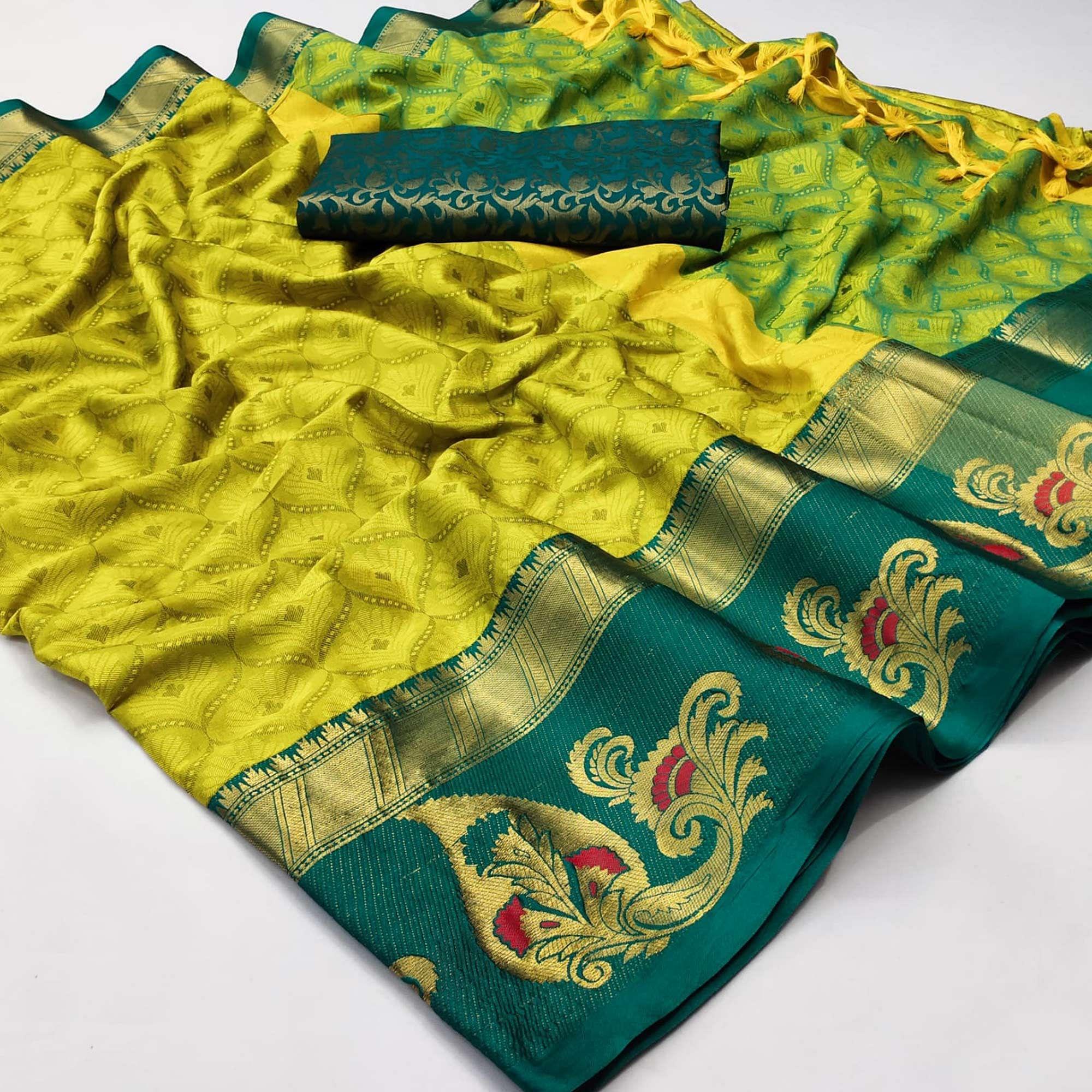 Green Woven Cotton Silk Saree With Tassels - Peachmode