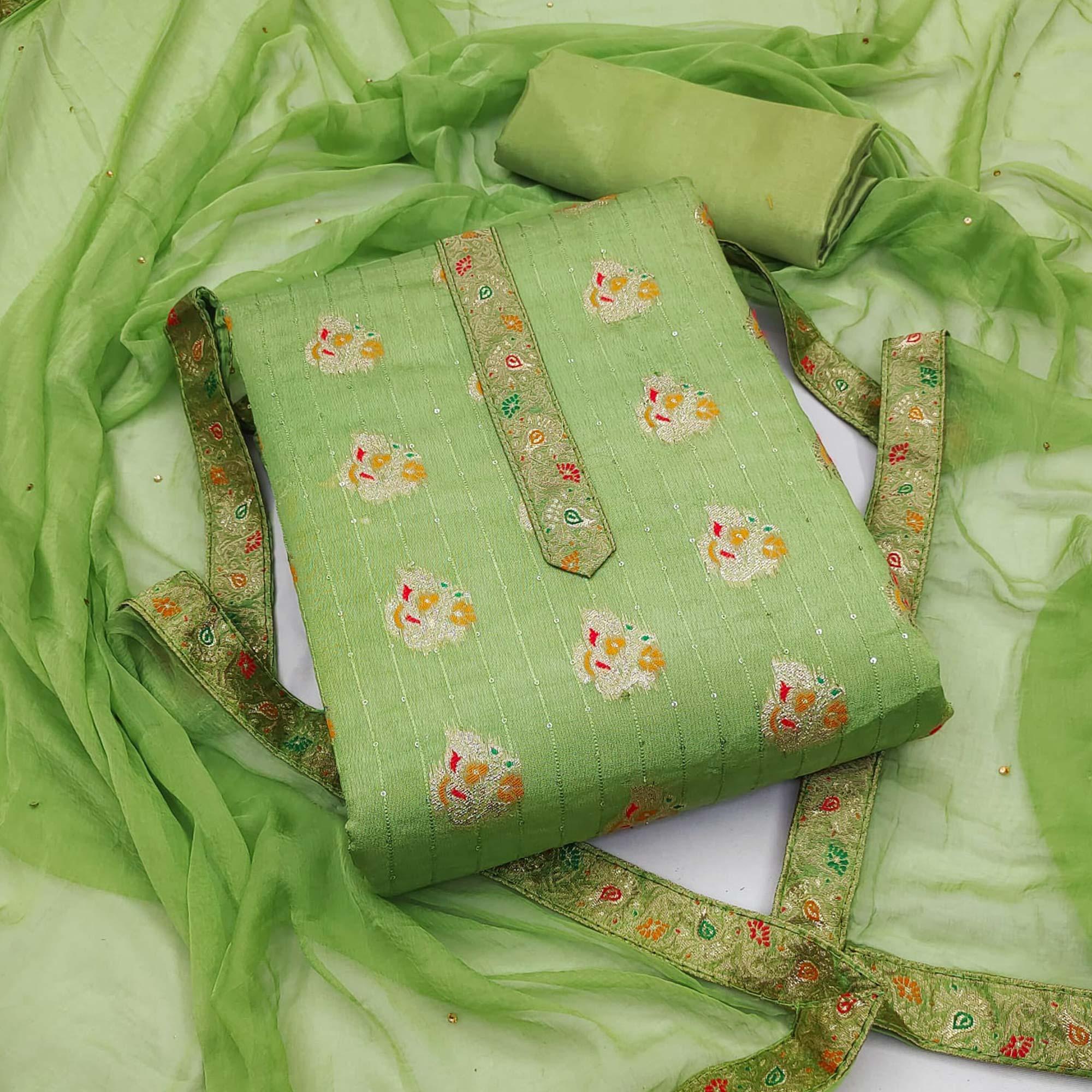 Green Woven Dola Silk Dress Material - Peachmode