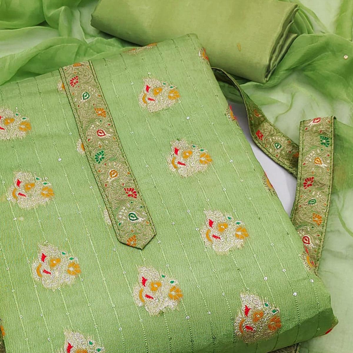 Green Woven Dola Silk Dress Material - Peachmode