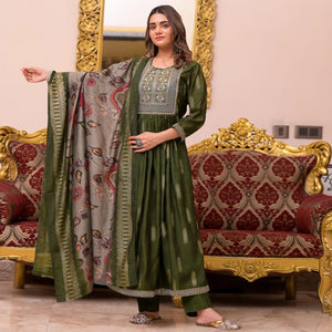 Green Woven-Embroidered Chanderi Salwar Suit - Peachmode