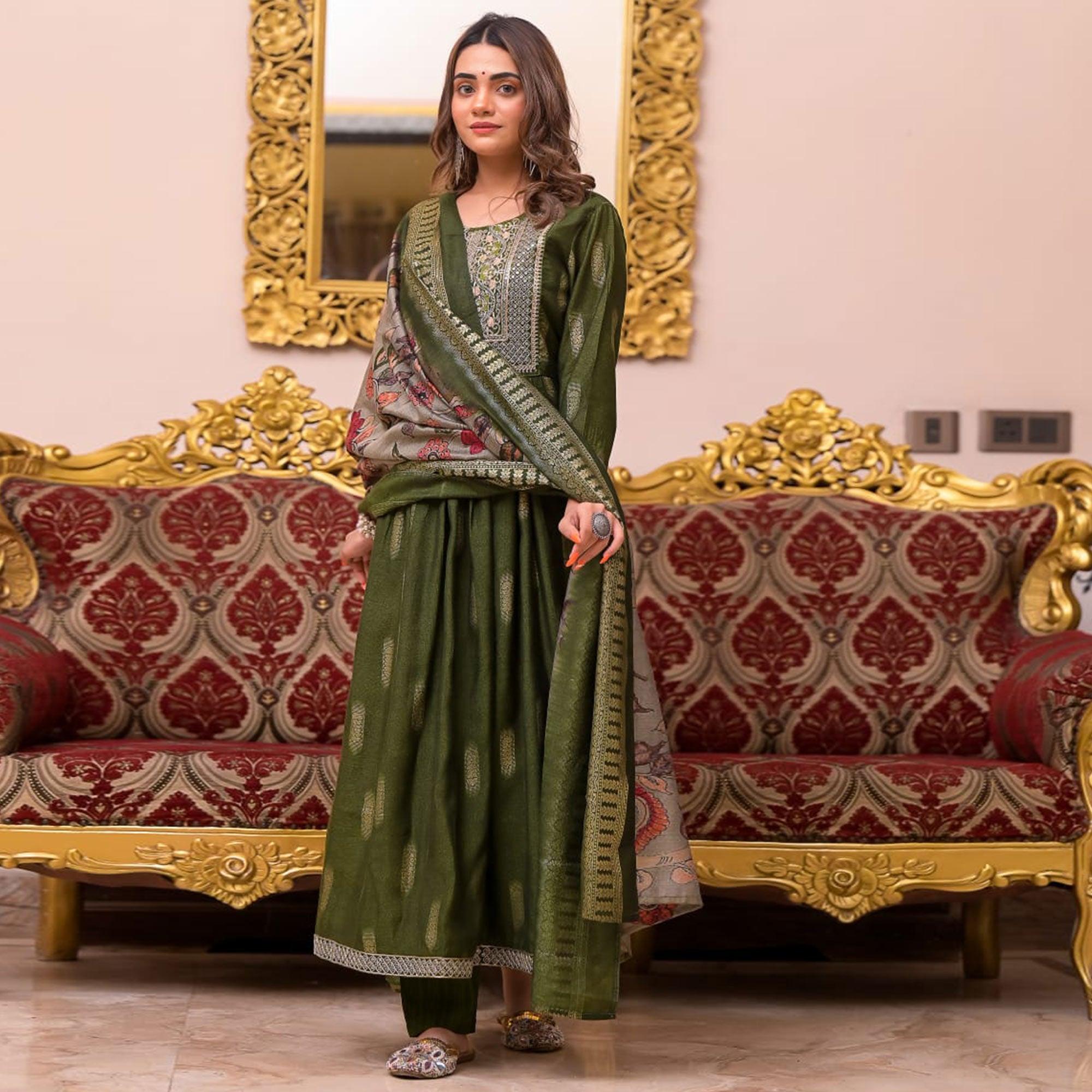 Green Woven-Embroidered Chanderi Salwar Suit - Peachmode