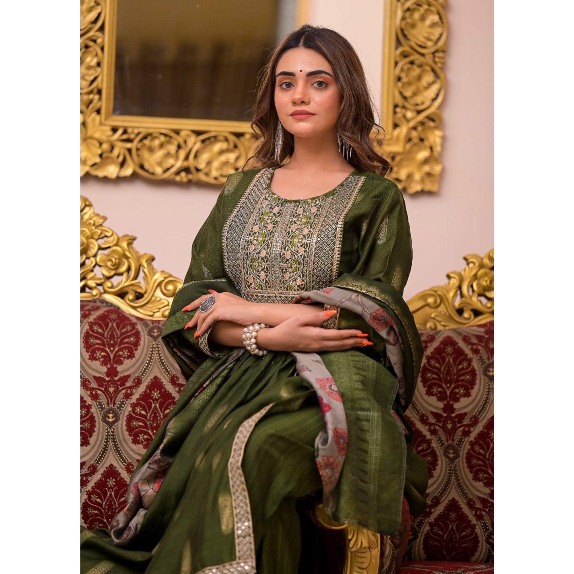 Green Woven-Embroidered Chanderi Salwar Suit - Peachmode