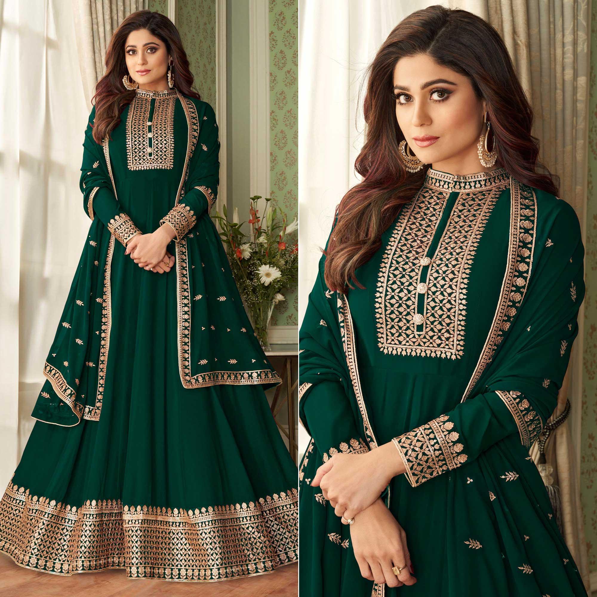 Green Woven Georgette Anarkali Suit - Peachmode