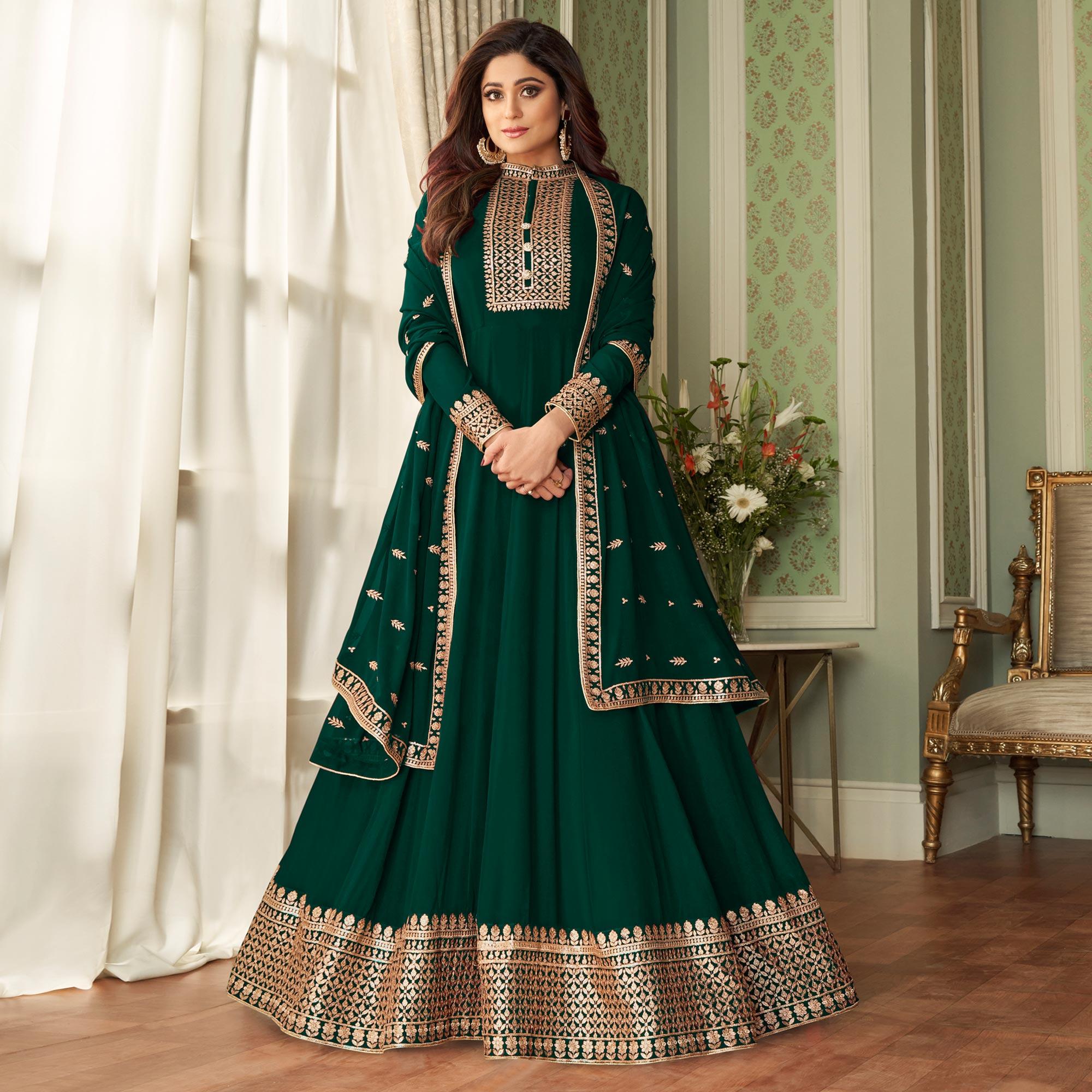 Green Woven Georgette Anarkali Suit - Peachmode