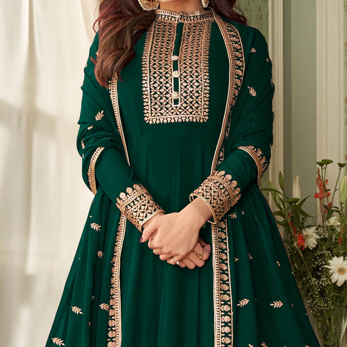 Green Woven Georgette Anarkali Suit - Peachmode