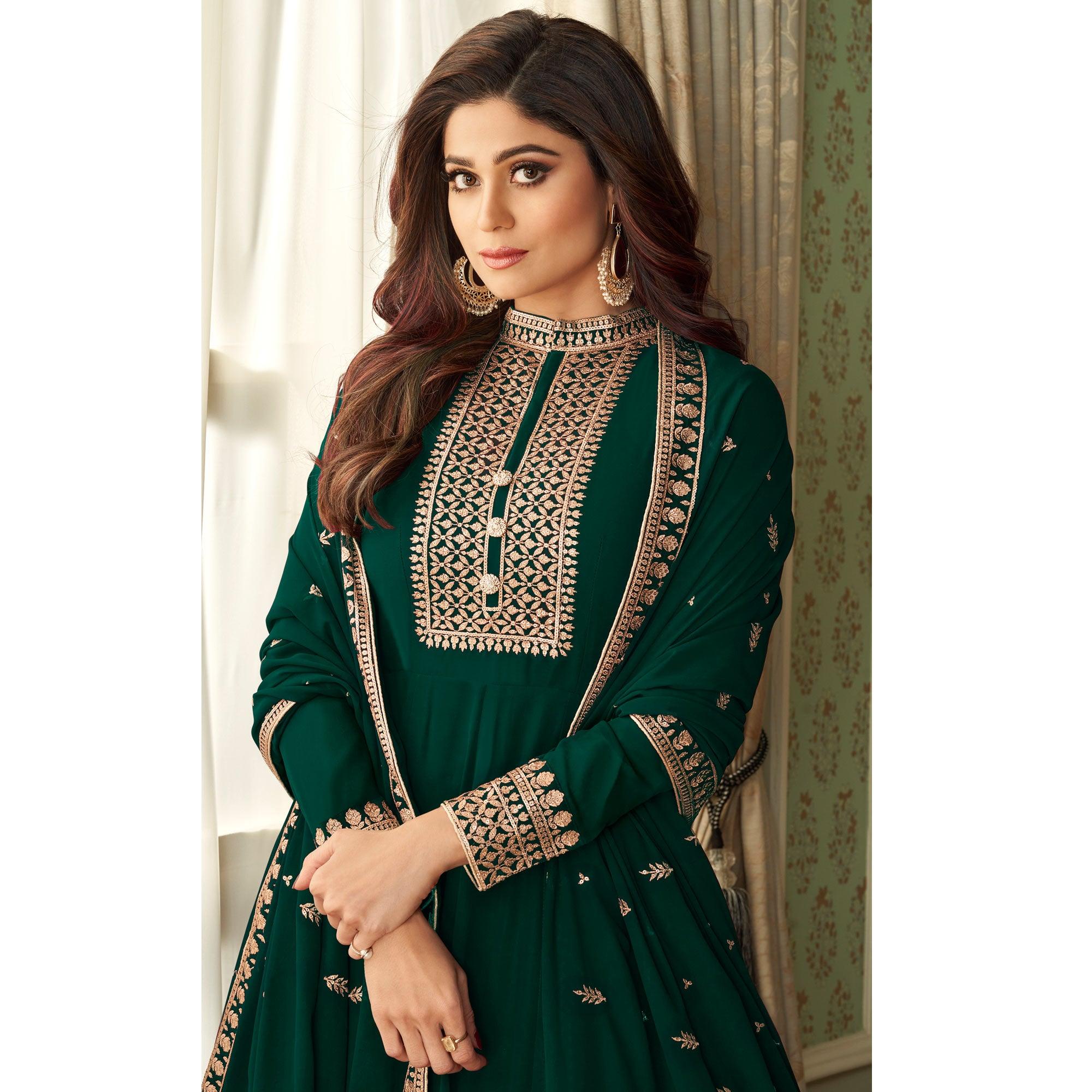 Green Woven Georgette Anarkali Suit - Peachmode