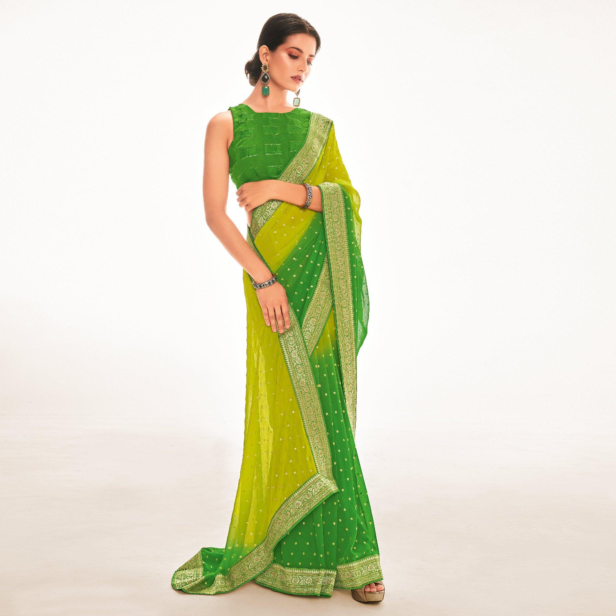 Green Woven Georgette Saree - Peachmode