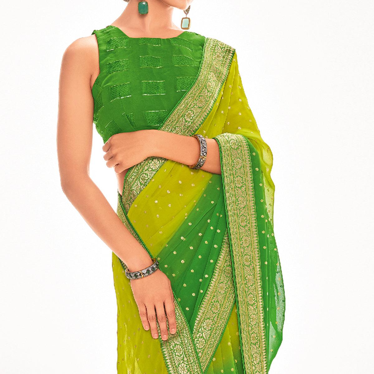 Green Woven Georgette Saree - Peachmode