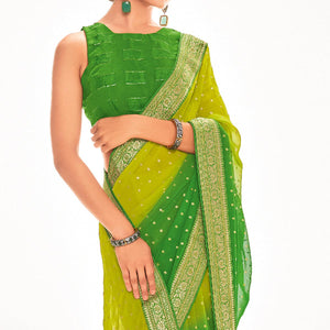 Green Woven Georgette Saree - Peachmode