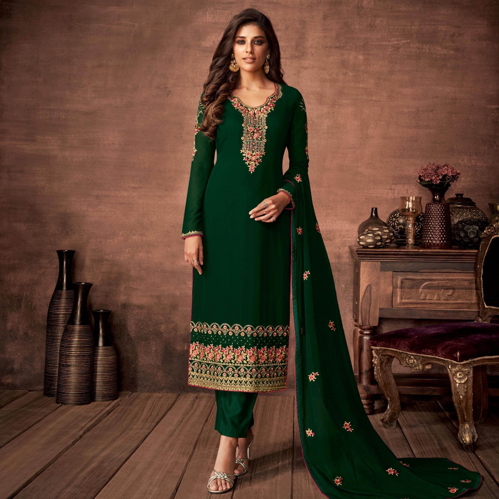 Green Woven Georgette Straight Partywear Suit - Peachmode
