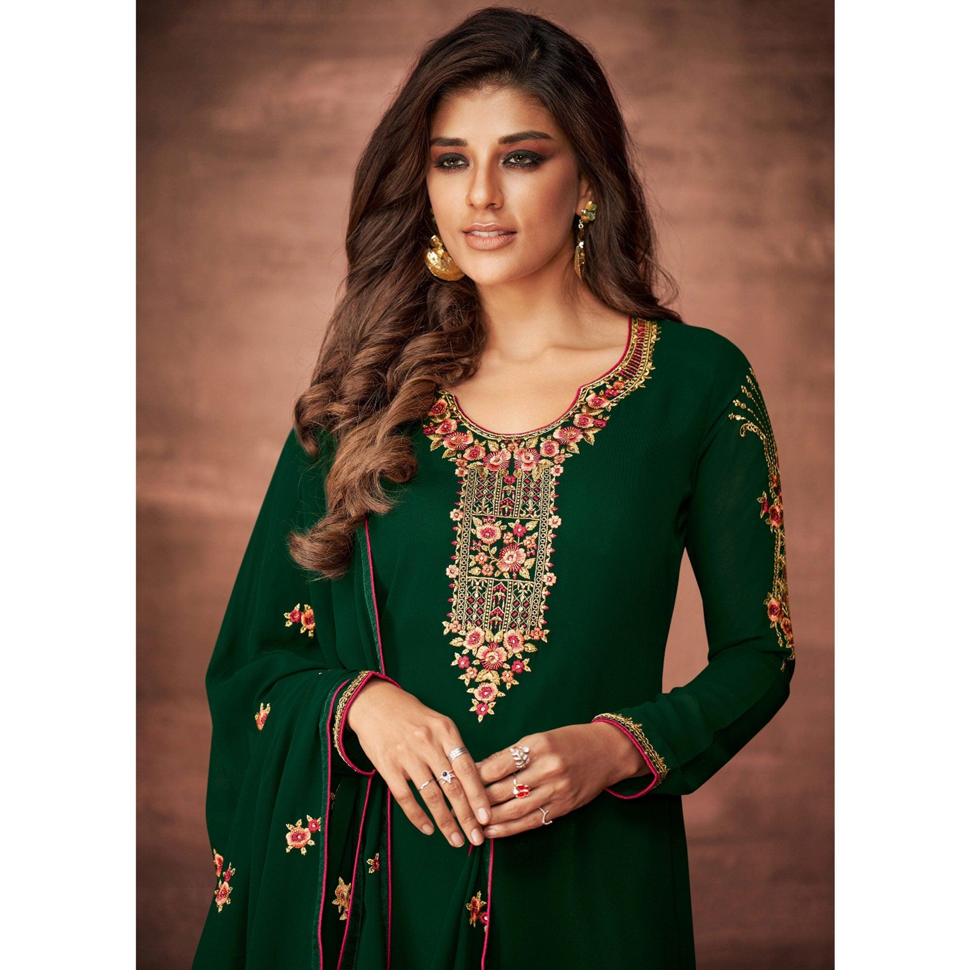Green Woven Georgette Straight Partywear Suit - Peachmode