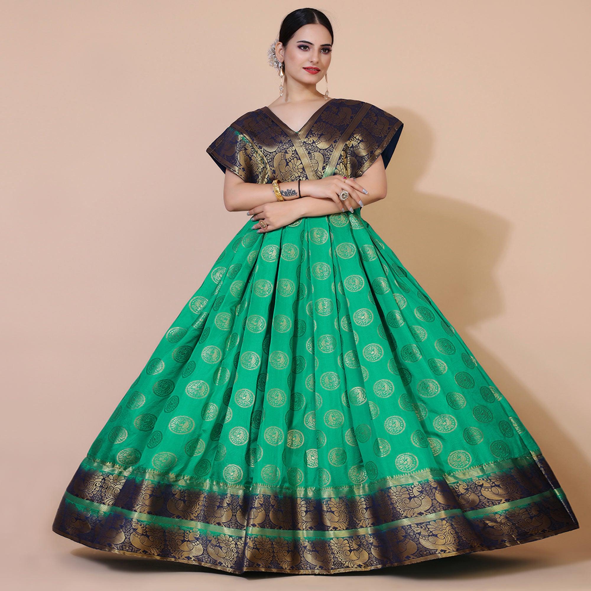 Green Woven Jacquard Anarkali Style Gown - Peachmode