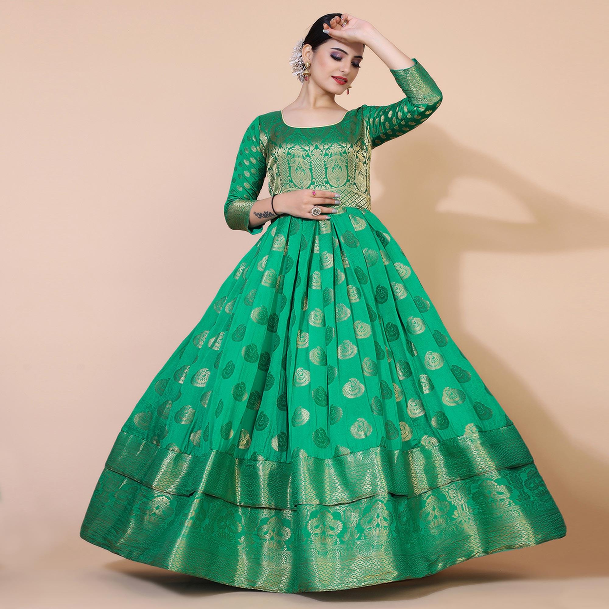 Green Woven Jacquard Anarkali Style Gown - Peachmode