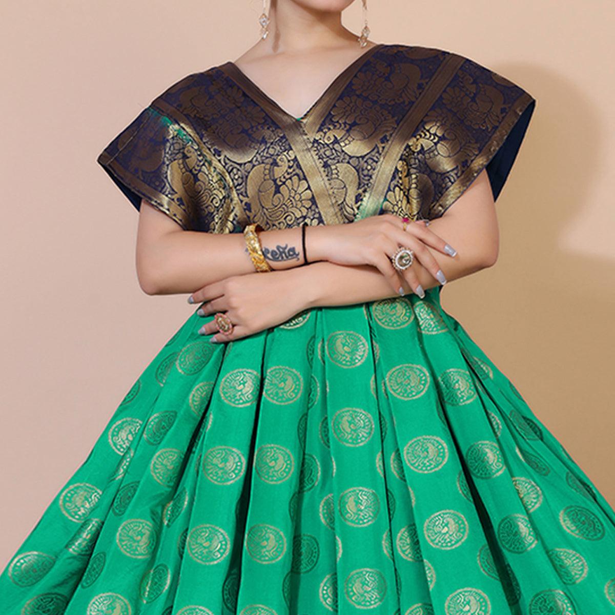 Green Woven Jacquard Anarkali Style Gown - Peachmode
