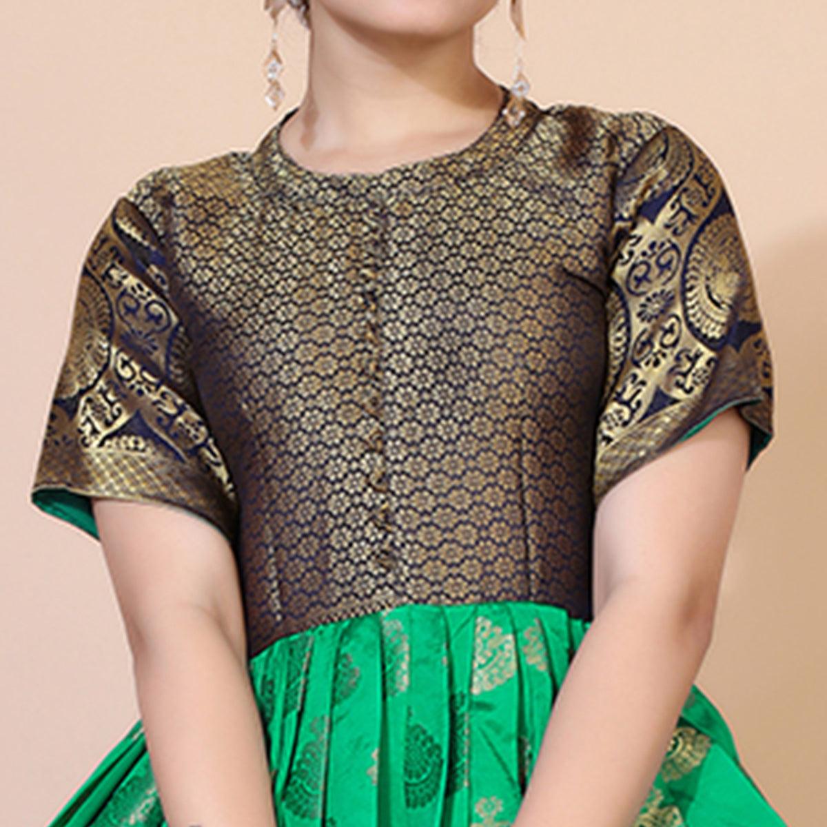 Green Woven Jacquard Anarkali Style Gown - Peachmode