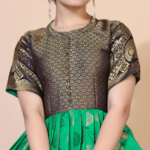 Green Woven Jacquard Anarkali Style Gown - Peachmode