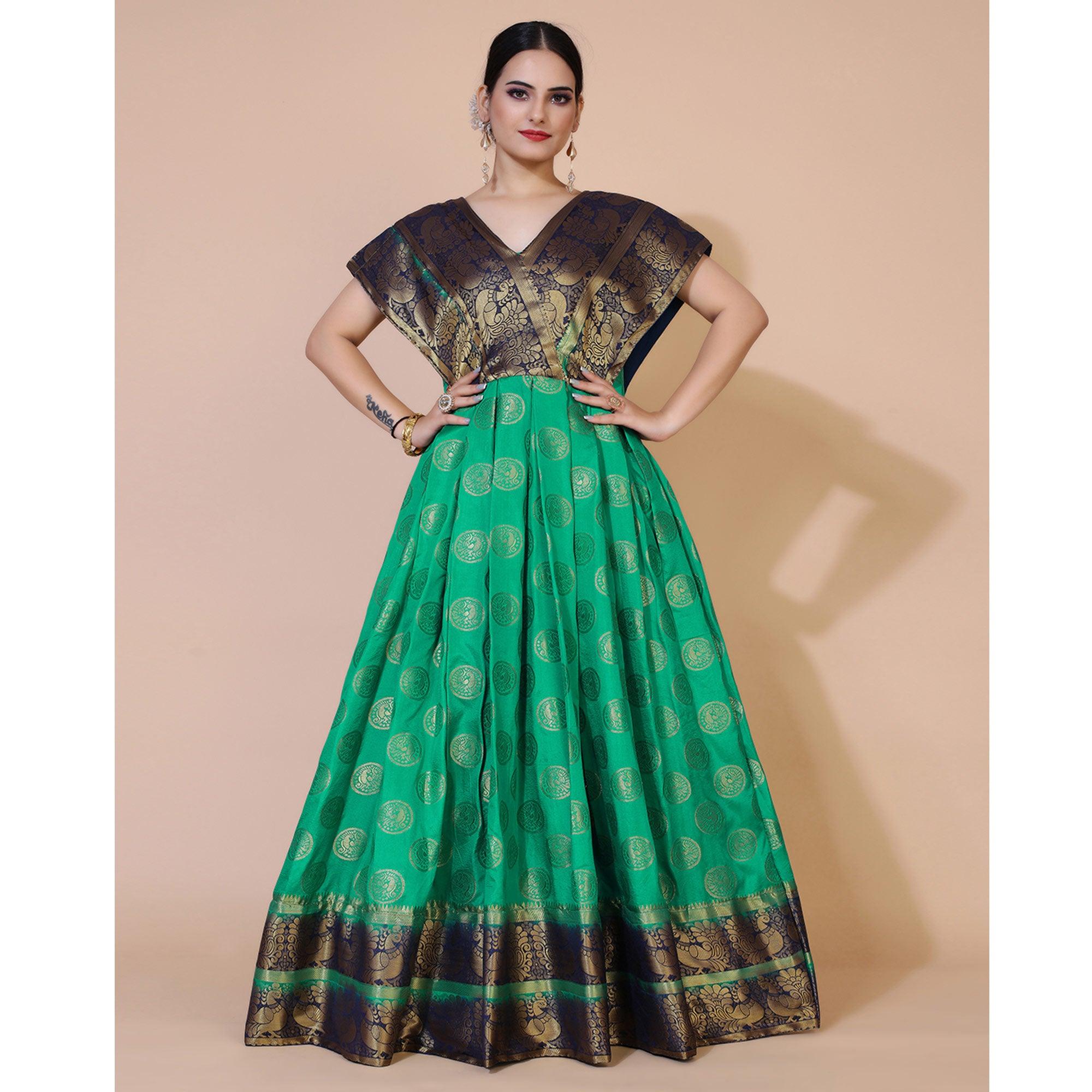 Green Woven Jacquard Anarkali Style Gown - Peachmode