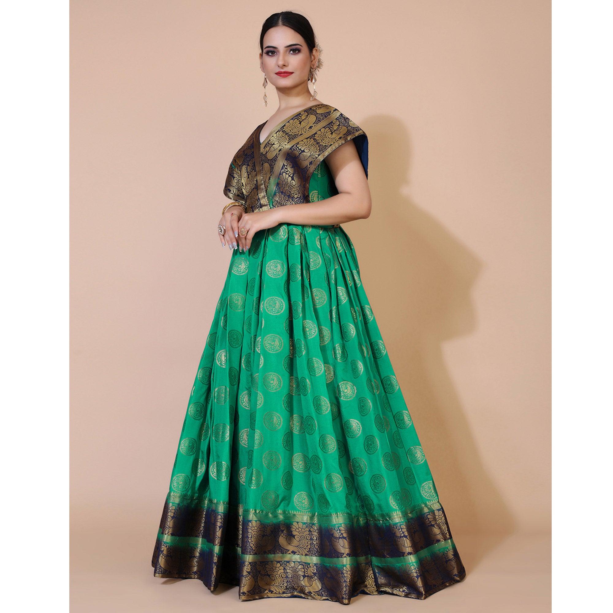 Green Woven Jacquard Anarkali Style Gown - Peachmode