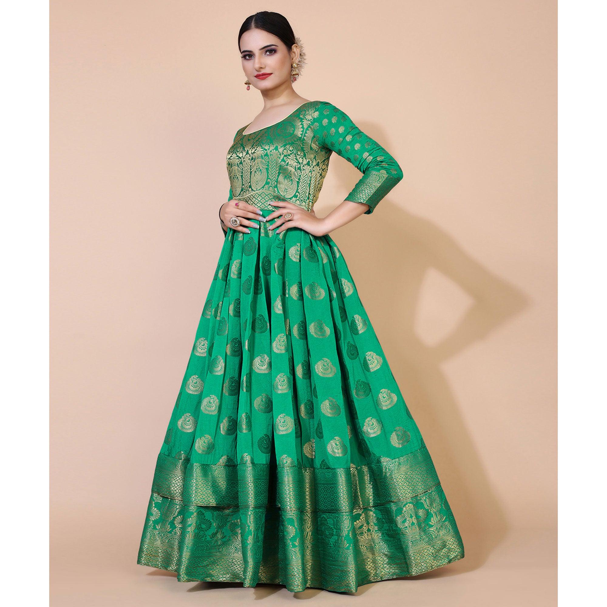 Green Woven Jacquard Anarkali Style Gown - Peachmode