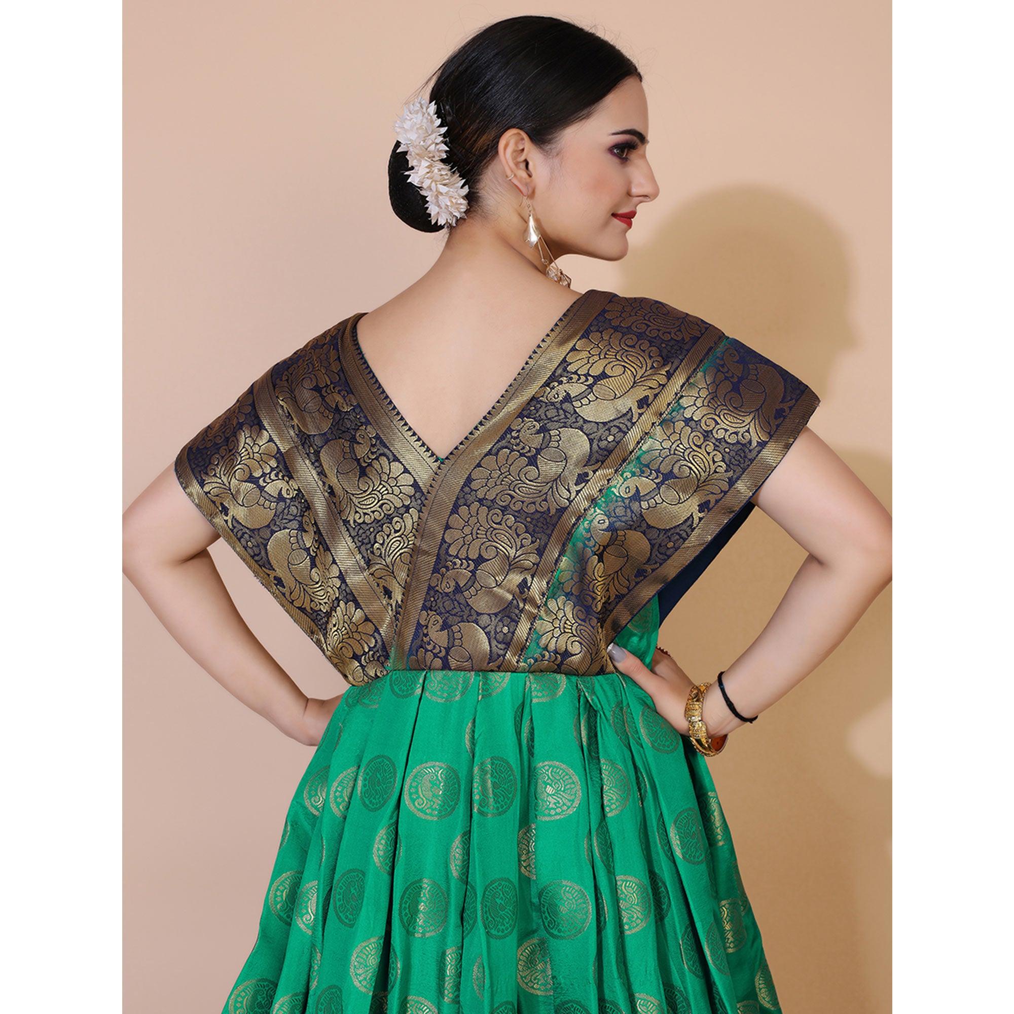 Green Woven Jacquard Anarkali Style Gown - Peachmode