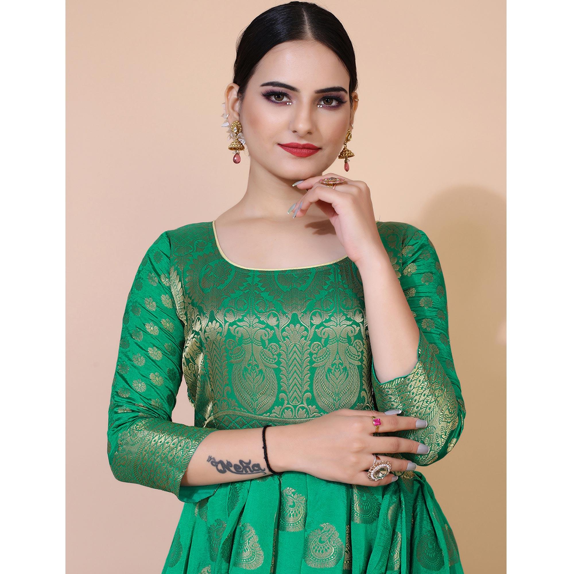 Green Woven Jacquard Anarkali Style Gown - Peachmode