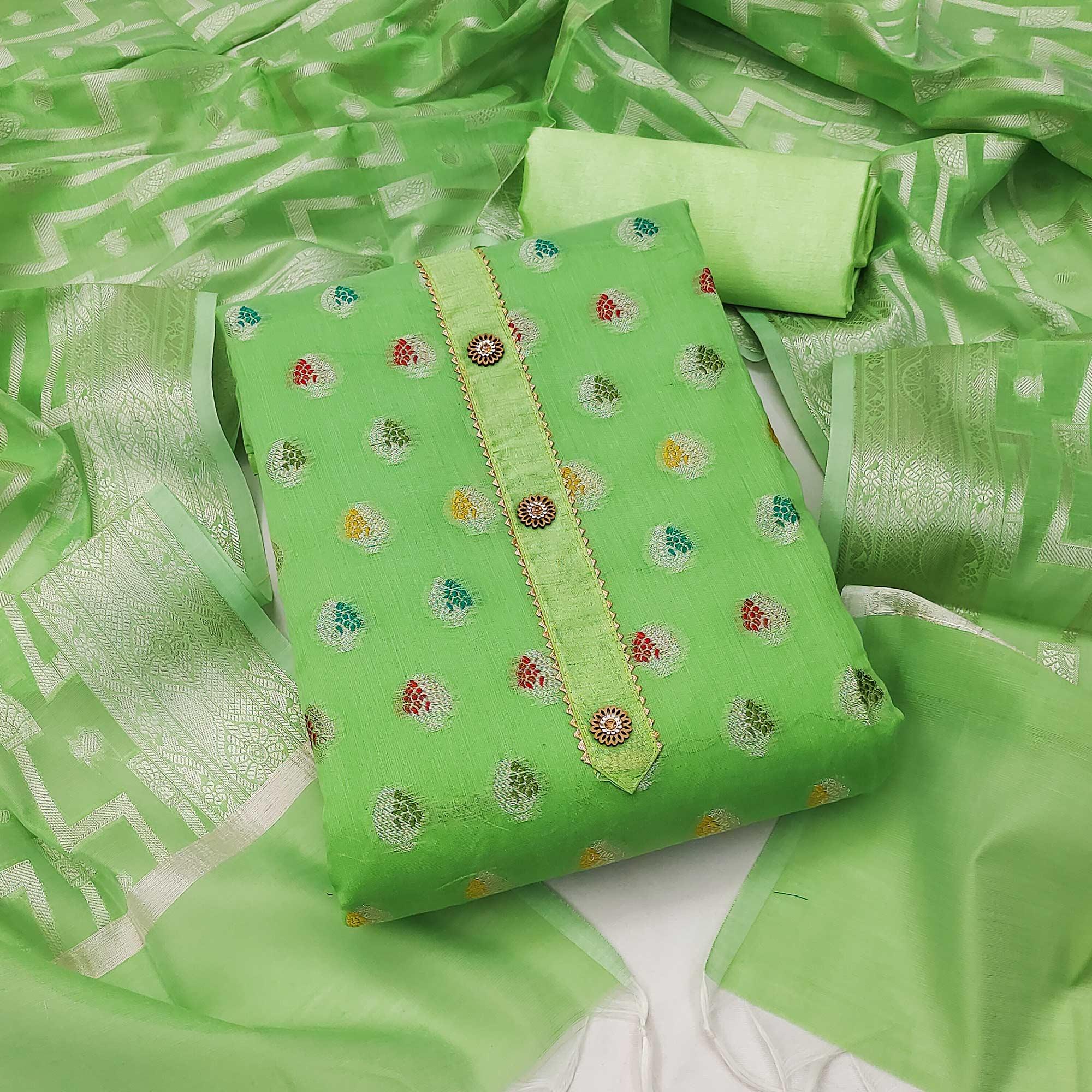 Green Woven Jacquard Dress Material - Peachmode