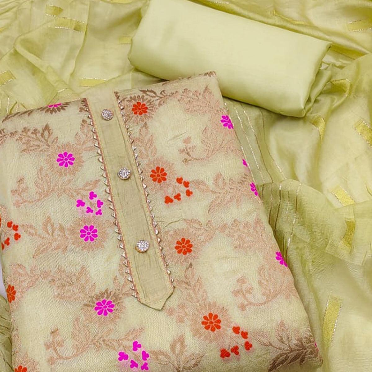 Green Woven Jacquard Dress Material - Peachmode