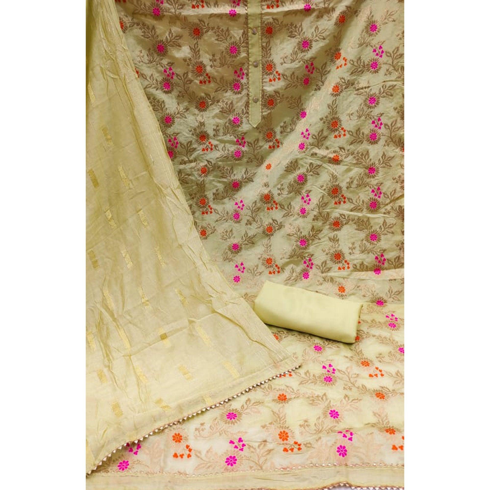 Green Woven Jacquard Dress Material - Peachmode