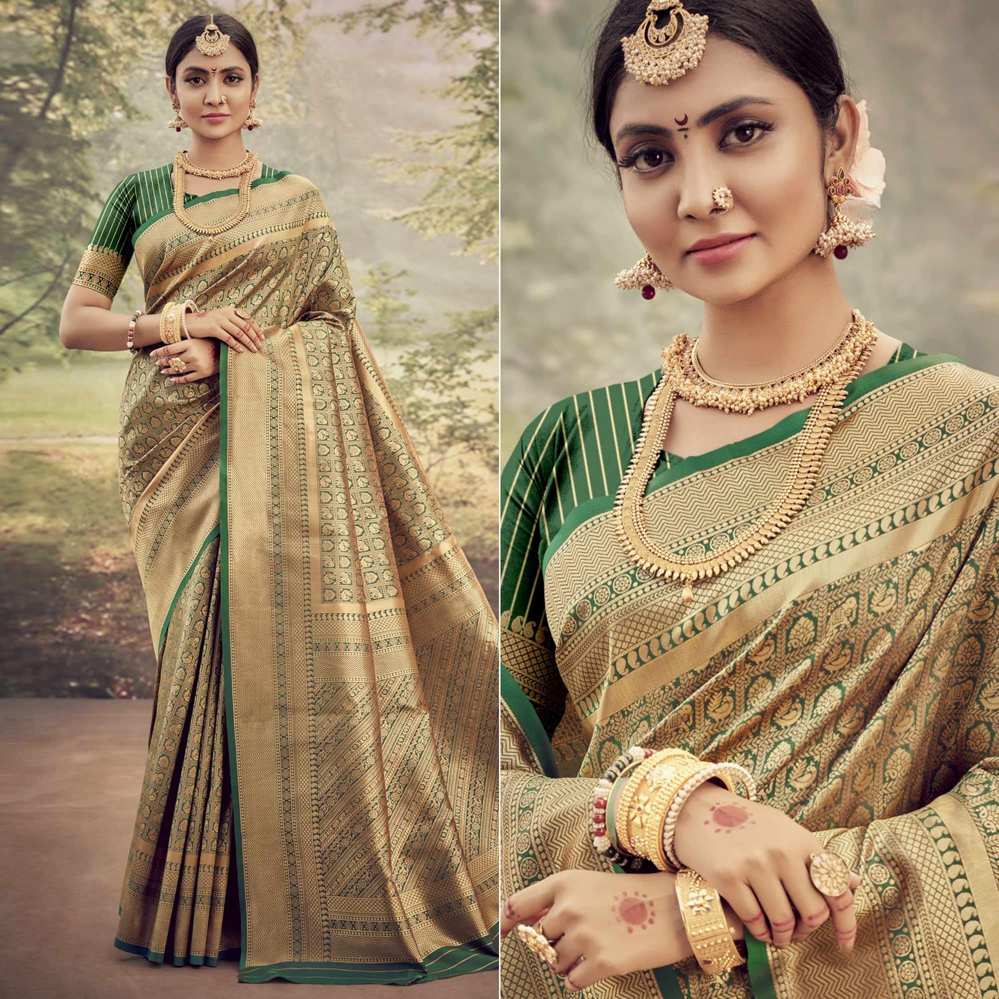 Green Woven Jacquard Saree - Peachmode