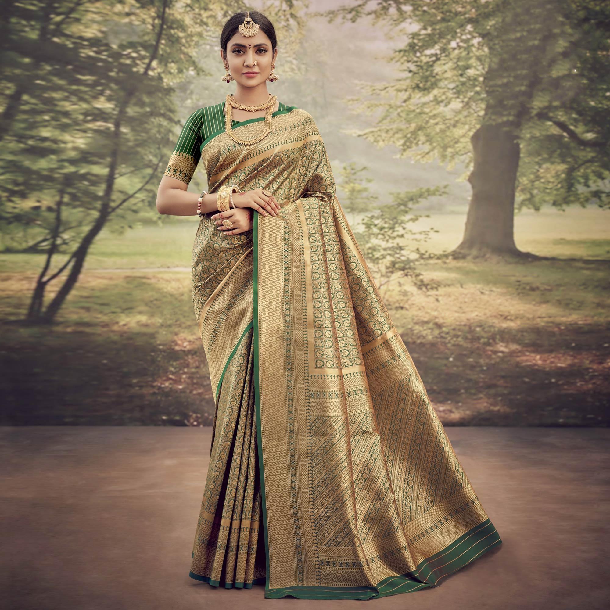 Green Woven Jacquard Saree - Peachmode