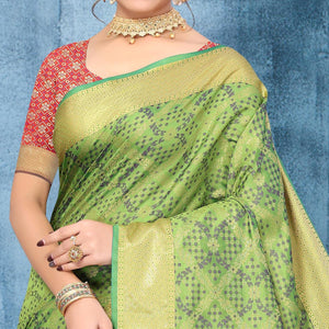 Green Woven Jacquard Saree - Peachmode