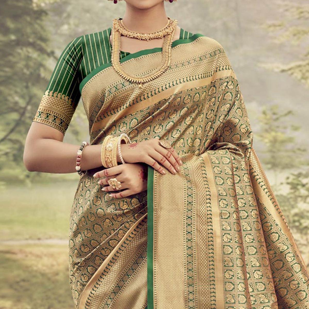Green Woven Jacquard Saree - Peachmode