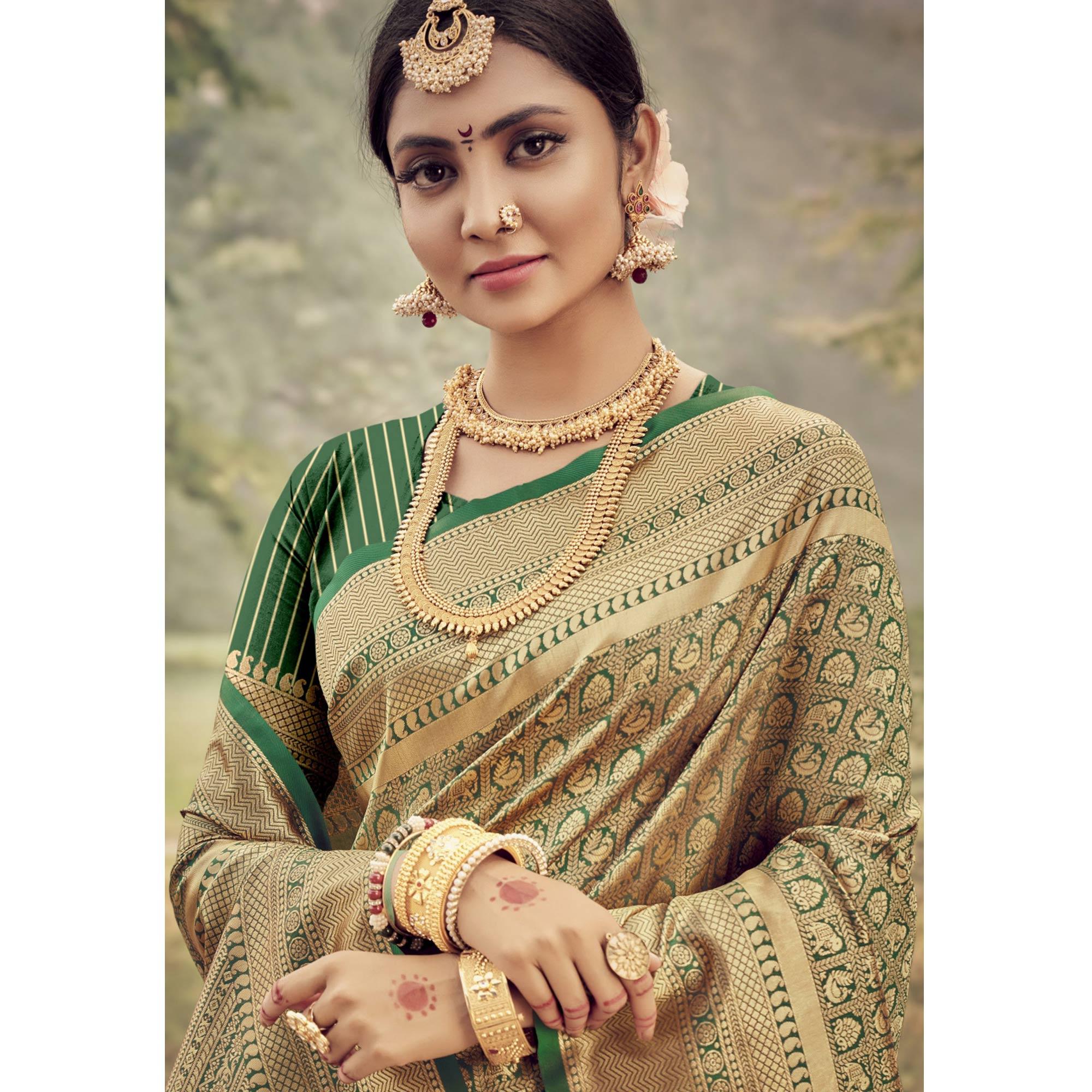 Green Woven Jacquard Saree - Peachmode