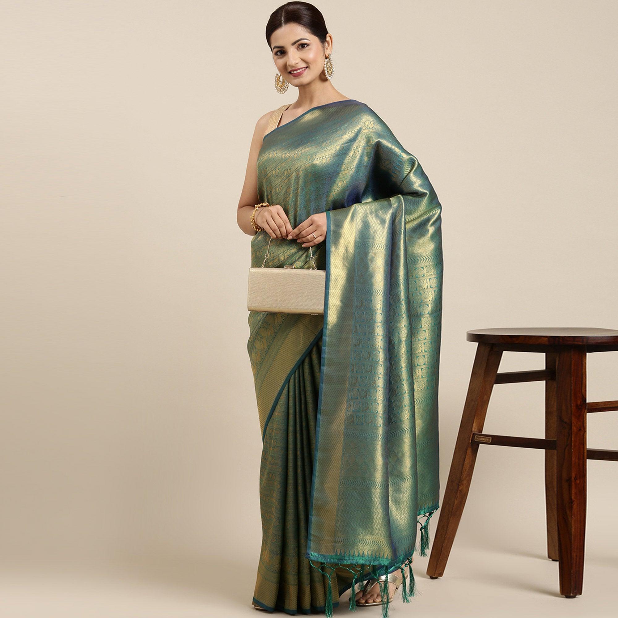 Green Woven Kanjivaram Silk Saree With Tassels - Peachmode