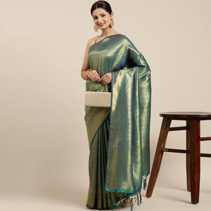 Green Woven Kanjivaram Silk Saree With Tassels - Peachmode