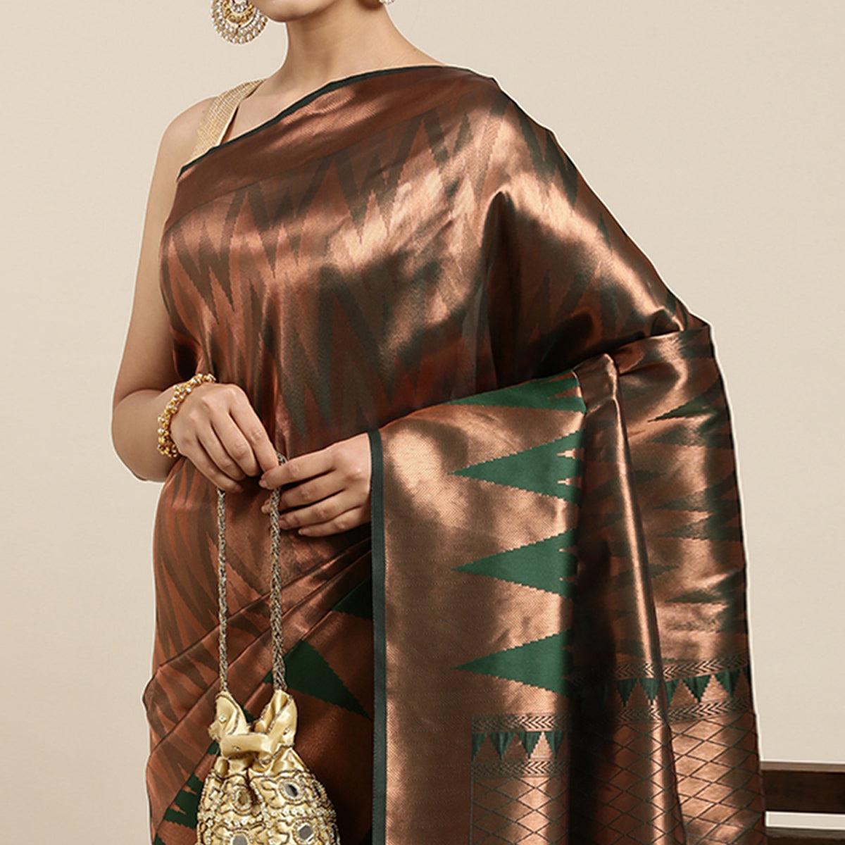 Green Woven Kanjivaram Silk Saree With Tassels - Peachmode