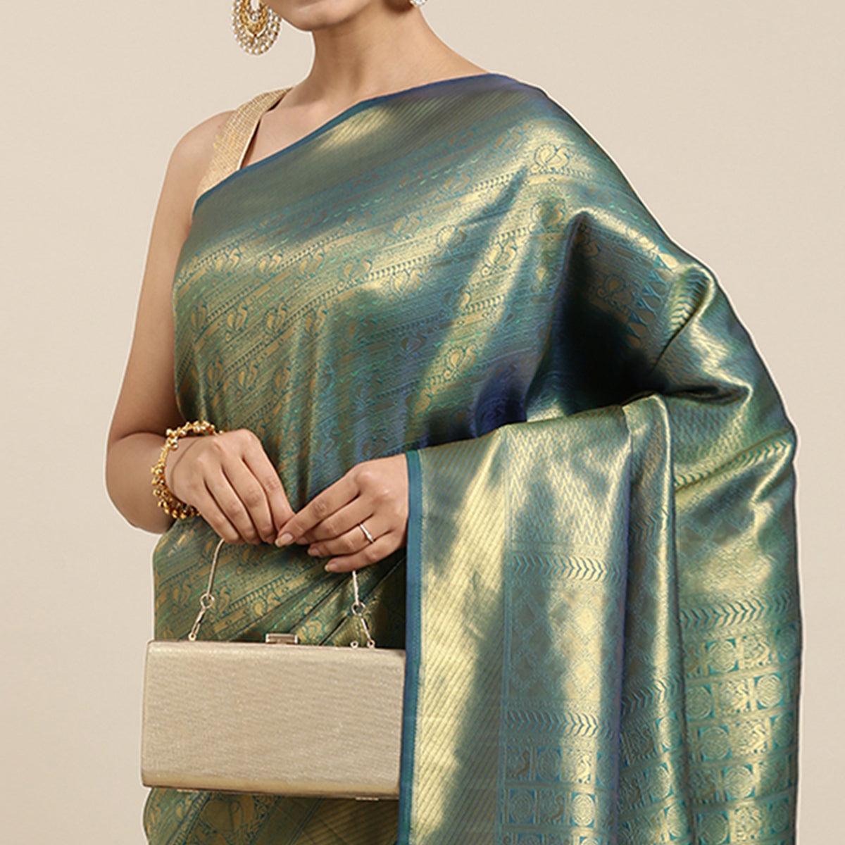 Green Woven Kanjivaram Silk Saree With Tassels - Peachmode