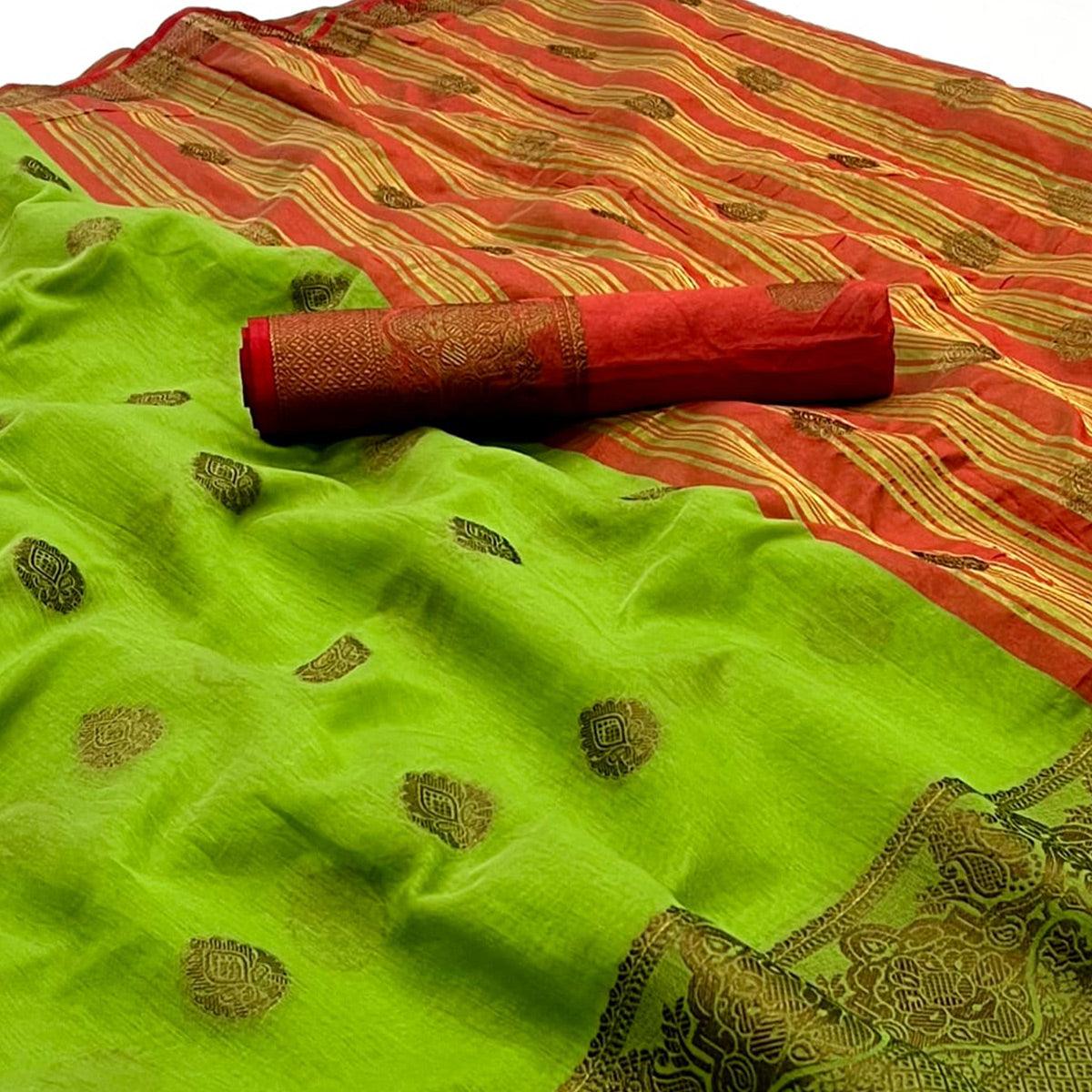 Green Woven Linen Saree - Peachmode