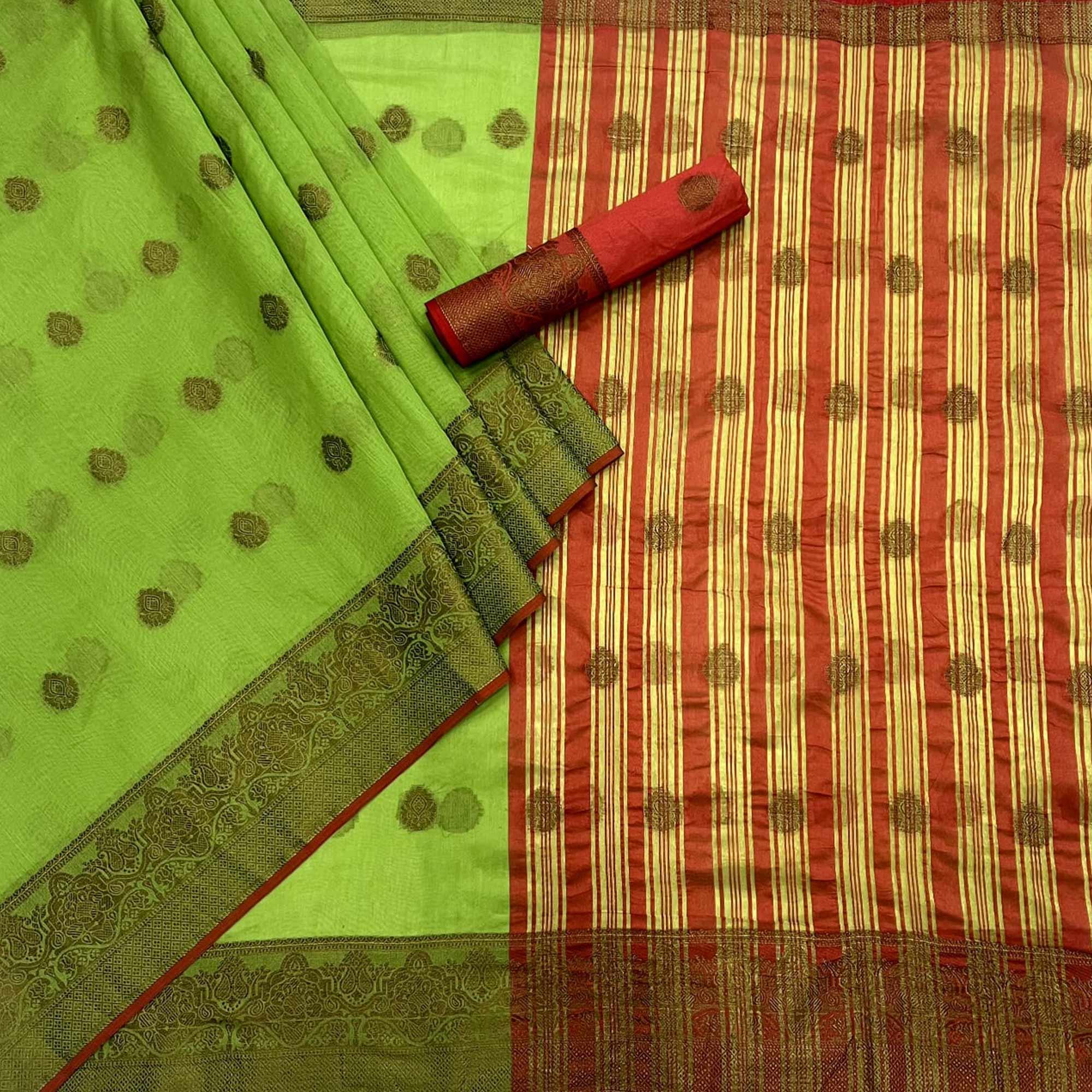 Green Woven Linen Saree - Peachmode
